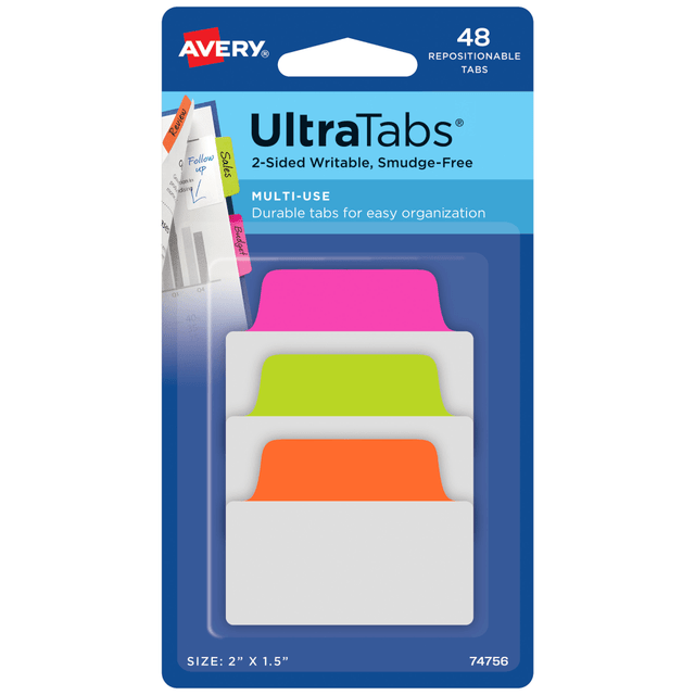 AVERY PRODUCTS CORPORATION 74756 Avery Multiuse Ultra Tabs, 2-Side Writable, 2in x 1.5in, Neon Pink/Green/Orange, Pack Of 48 Repositionable Tabs AVERY PRODUCTS CORPORATION 74756 Avery Multiuse Ultra Tabs, 2-Side Writable, 2in x 1.5in, Neon Pink/Green/Orange, Pack Of 48 Repositionable Tabs