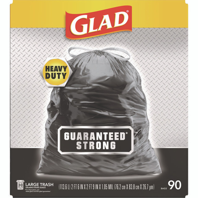CLOROX SALES CO. Glad® 78952 Drawstring Large Trash Bags, Three-Ply, 30 gal, 1.05 mil, 30" x 33", Black, 90/Carton