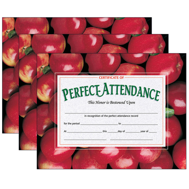 EDUCATORS RESOURCE H-VA513-3 Hayes Certificates, 8-1/2in x 11in, Perfect Attendance, Apples, 30 Certificates Per Pack, Set Of 3 Packs