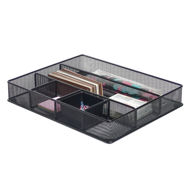 This Office Depot Brand Mesh Large Drawer Organizer gives your desk a sleek, contemporary look. Plus, see-through mesh saves you valuable time when retrieving documents and office essentials.  Organize your desk - in style!  Large metal drawer organizer with multiple compartments for storing your everyday office supplies.  A well organized desk helps you get more done.