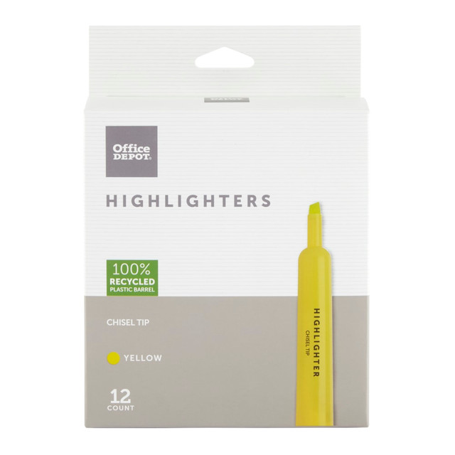 OFFICE DEPOT HY1066-YLN  Brand Chisel-Tip Highlighters, 100% Recycled Plastic Barrel, Fluorescent Yellow, Pack Of 12