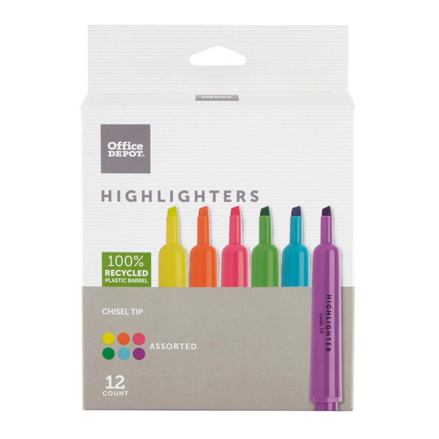 You take lots of notes, so highlighting key phrases with chisel-tip highlighters helps you quickly identify the most important information. The bright hues of these Office Depot highlighters in fluorescent colors are sure to attract attention.  Durable chisel tips on these recycled highlighters mark in a variety of sizes.  Large barrel provides a long-lasting ink supply.  Liquid highlighters feature a quick-drying formula to resist smudges.  Office Depot fluorescent chisel highlighters 12-pack allows you to color coordinate your documents and notes. Opt for Office Depot colored highlighters in a 12-pack to share with family and friends.  ACMI Certified AP Nontoxic. For detailed information see www.acmiart.org.  Less harsh chemicals - made with fewer harsh chemicals, or safer chemicals than typical alternatives, helping  reduce your use of and exposure to substances that may be more harmful to your health and the environment.  Contains Recycled Content - See Specs for Details.