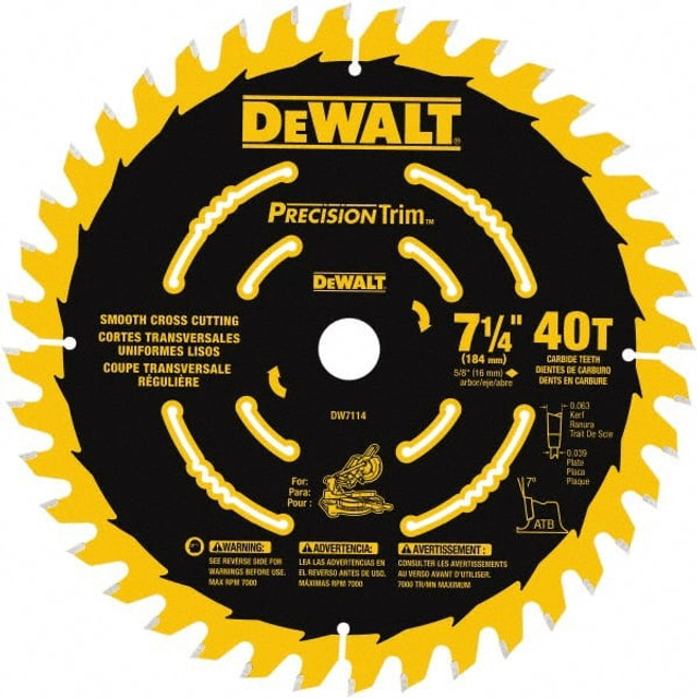 DeWALT DW7114PT Wet & Dry Cut Saw Blade: 7-1/4" Dia, 5/8" Arbor Hole, 0.063" Kerf Width, 40 Teeth