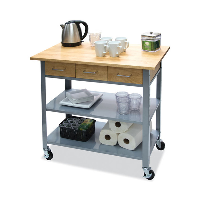VERTIFLEX PRODUCTS VF53039 Countertop Serving Cart, Wood, 3 Shelves, 3 Drawers, 35.5" x 19.75" x 34.25", Oak/Gray