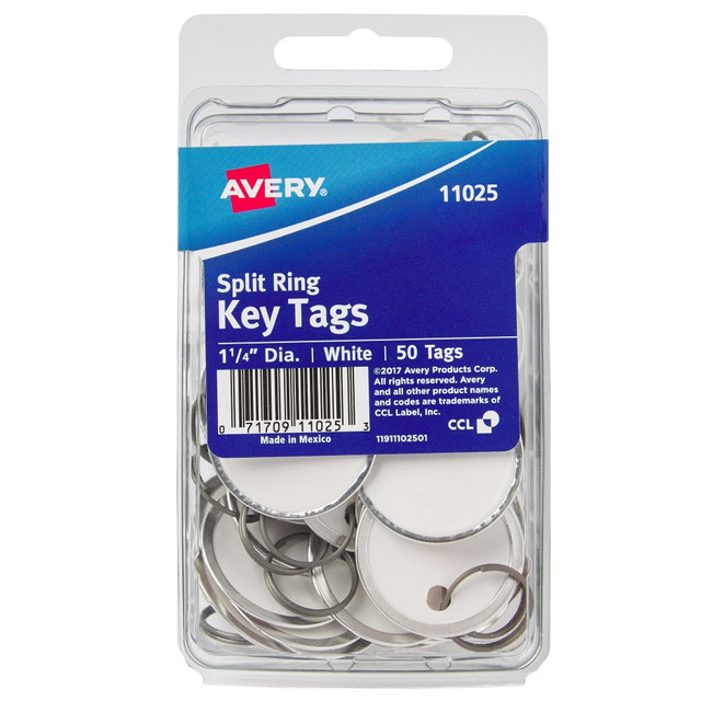 AVERY PRODUCTS CORPORATION 11025 Avery Metal Rim Key Tags With Metal Split Ring, 1-1/4in Diameter, White, Pack Of 50
