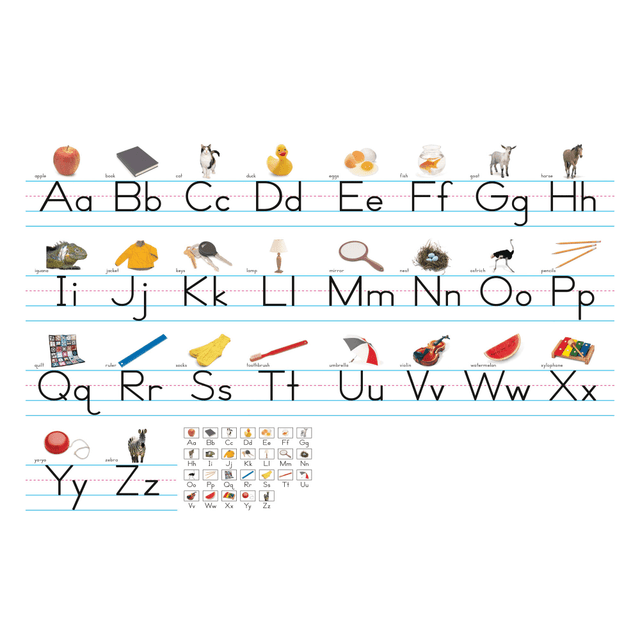 Use these alphabet lines to teach the alphabet and proper letter formation.  Each alphabet line measures over 14ft (4.3 m) long when assembled.  Seven 24 1/4in x 7 5/8in (61.6 x 19.4 cm) strips per package.  Ideal for pre-k to grade 8 classrooms.  Students can learn about the alphabet and how to properly write traditional-style manuscript letters.