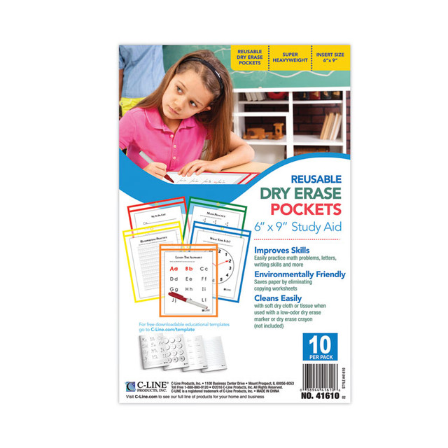 C-LINE PRODUCTS, INC 41610 Reusable Dry Erase Pockets, Super Heavy-Duty, Top Load 6 x 9 Insert, Clear Front, Assorted Border Colors, 10/Pack