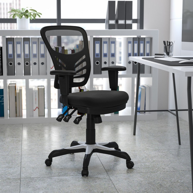 Revamp your office space with a ventilated executive office chair that makes a great addition in modern and industrial spaces. This ergonomic, mid-back office chair boasts built-in lumbar support that helps to reduce fatigue and muscle aches in your lower back. Find a comfortable position to view your screen and make calls using back angle, seat height and tilt adjustments.  Overall Dimensions: 44-1/4inH x 25-1/2inW x 27inD.  Weight capacity tested to support 300 lb.  Mid back.  CA117 fire-retardant foam padding.  Mesh upholstery.  Lumbar support.  Back angle and height adjustments.  Seat height adjustments.  Multi-tilt lock mechanism.  Height-adjustable armrests.  360 deg. swivel.  Nylon base with dual wheel casters.  Assembly required.  Tested to meet ANSI/BIFMA Performance Standards - Manufacturer testing has been conducted on this product to meet specific performance requirements and safety standards set forth by the American National Standards Institute (ANSI) and the Business and Institutional Furniture Manufacturers.