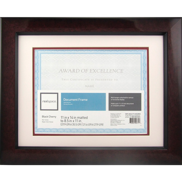 Showcase photos, documents, certificates and more with the Realspace plastic photo and document frame. This photo matted document frame holds 8-1/2in x 11in documents and comes in an appealing black cherry color.  Mount vertically or horizontally according to your need.  Realspace black cherry photo/document frame is finished to complement virtually any home or office decor.  Use with or without the coordinating mat board.
