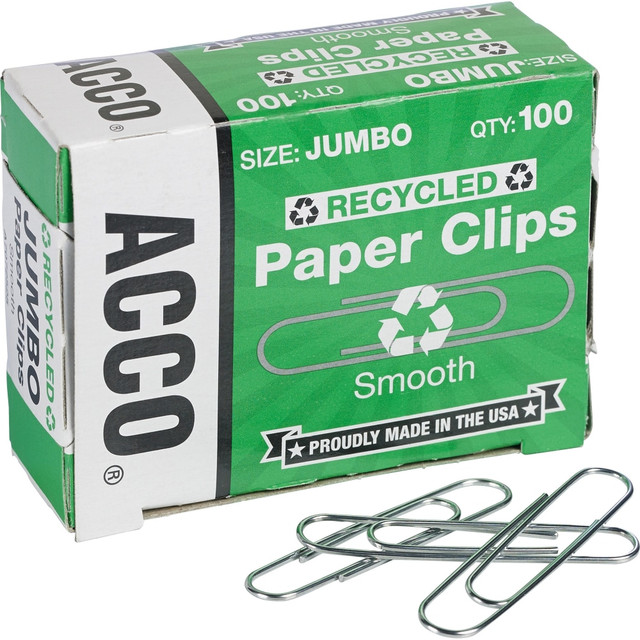 ACCO BRANDS USA, LLC Acco 72525PK  Paper Clips, 1000 Total, Jumbo, 90% Recycled, Silver, 100 Per Pack, Box Of 10 Packs