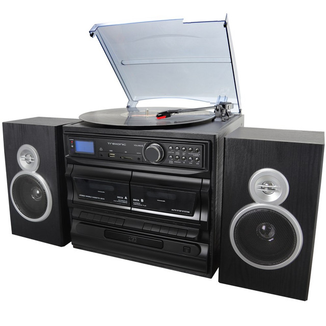 Jam out to your favorite songs with crystal-clear audio thanks to the Trexonic 3-Speed Vinyl Turntable Home Stereo System. Record your favorite vinyl or cassette and transfer it to MP3 format, so you can listen on the go.  Includes a turntable, CD player, dual cassette player, FM radio, recorder, wired shelf speakers and a remote.  Connects to most Bluetooth enabled devices to stream audio.  Includes a 3.5MM AUX input and headphone jack.  33/45/78 RPM turntable allows you to listen to your favorite records.  2 speakers provide 4W of crystal-clear sound.  Record sound from vinyl, radio and cassette to MP3, SD and USB.  Record from AUX to USB and SD.  Dual cassette player has the following functions: play, pause, fast forward, rewind, stop and record.  LCD screen has a blue backlight for easy viewing.  Backed by the manufacturer's 90-day limited warranty.