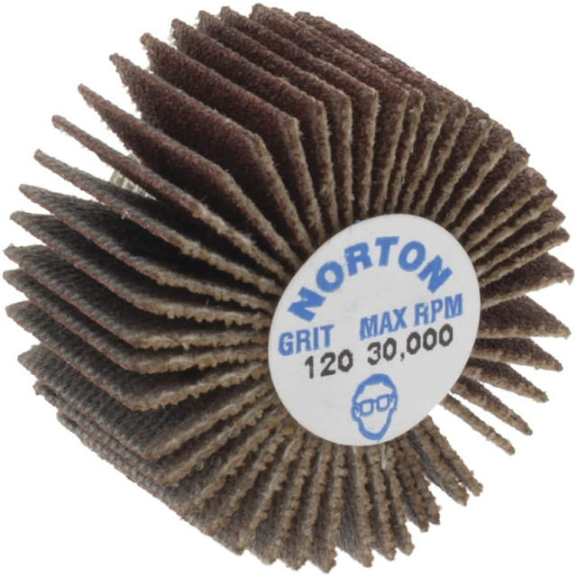 Norton 63642502626 Mounted Flap Wheel: 1" Dia, 5/8" Face Width, 120 Grit, Aluminum Oxide