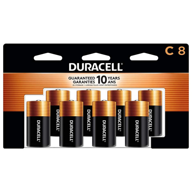 Duracell Coppertop C all-purpose alkaline batteries are not only dependable, they're long-lasting. With a guarantee of 10 years in storage, you can rest assured they will be ready when you need them during storm season or power outages. Duracell Coppertop batteries deliver reliable power to your everyday devices throughout the home, like toys, remote controls, flashlights, calculators, clocks and radios, wireless mice and keyboards, and more. Coppertop batteries are available in AA, AAA, C, D, and 9V sizes. Duracell guarantees these batteries against defects in material and workmanship. Should any device be damaged due to a battery defect, we will repair or replace it at our option. From storm season to medical needs to the holidays, Duracell is the #1 trusted battery brand.  LONG-LASTING BATTERIES DESIGNED FOR DEPENDABILITY: Duracell Coppertop alkaline batteries deliver the lasting power and performance you can count on for electronic devices throughout the home or on-the-go.  RELIABLE POWER: As a general-purpose battery, the Duracell Coppertop C alkaline battery is made to power everyday devices throughout the home, like toys, remote controls, flashlights, clocks and radios, portable electronics, and more.  GUARANTEED FOR 10 YEARS IN STORAGE: Duracell guarantees each Coppertop C alkaline battery to last 10 years in storage, so you can be confident these batteries will be ready when you need them.  QUALITY ASSURANCE: With Duracell batteries, quality is assured as every Duracell product is guaranteed against defects in material and workmanship.  #1 TRUSTED BATTERY BRAND: From storm season to medical needs to the holidays, Duracell is the #1 trusted battery brand  Coppertop is available in Double A (AA), Triple A (AAA), C, D, and 9V sizes.  Pack of 8 Batteries