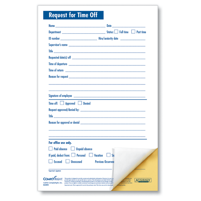 TAX FORMS PRINTING, INC. A2203 ComplyRight Request For Time Off Forms, 2-Part, 5 1/2in x 8 1/2in, White, Pack Of 50