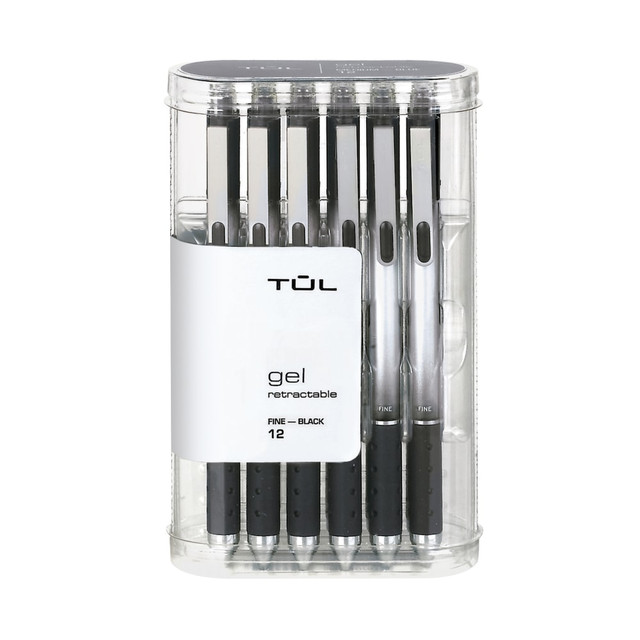 OFFICE DEPOT TUL OM96455  GL Series Retractable Gel Pens, Fine Point, 0.5 mm, Silver Barrel, Black Ink, Pack Of 12 Pens