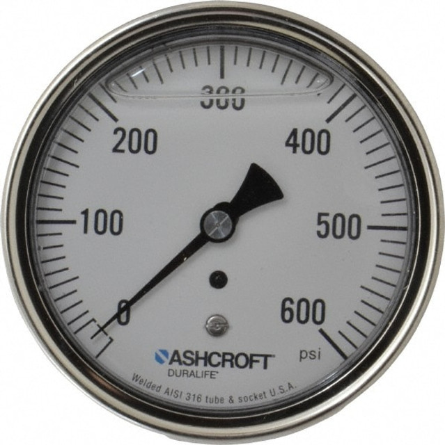 Ashcroft 83202 Pressure Gauge: 3-1/2" Dial, 600 psi, 1/4" Thread, NPT, Center Back Mount