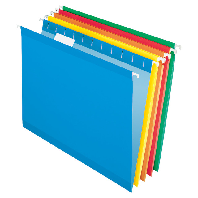 Colored files are a great way to distinguish between subjects, projects and tasks. Plus, they come with blank inserts for the tabs, so you can create custom labels for your needs.  Office Depot hanging folders offer secure storage for your documents.  Light interior helps prevent misfiling.  Includes 1/5-cut plastic tabs and blank inserts.  Assorted colors of hanging folders come in a box of 25 to stock your office.  SCS Indoor Advantage Gold certified - meets strict indoor air quality guidelines. Ranked in two tiers: Certified and Gold.  BIFMA level 2 certified - reduced impact from multiple eco-attributes and/or social attributes. Ranked in three tiers: level 1, 2, or 3.  Less harsh chemicals - made with fewer harsh chemicals, or safer chemicals than typical alternatives, helping  reduce your use of and exposure to substances that may be more harmful to your health and the environment.