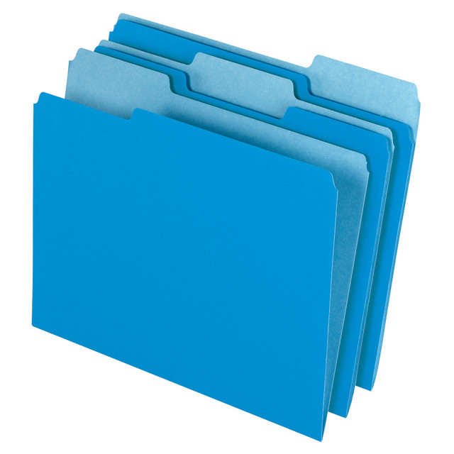 Organize your filing cabinet with these Office Depot letter-size file folders. Ideal for color-coding files and handling large filing tasks, these durable file folders feature 1/3-cut tabs for easy labeling and quick access. Undercut scores on each folder's front offer space for larger labels and titles, making it easy to keep your documents sorted. Featuring 11 pt. construction, these Office Depot letter-size file folders handle frequent use.  Office Depot file folder is made of 11-pt stock for everyday handling.  1/3-cut single-ply tabs in assorted locations for easy filing.  Undercut scores on the front cover provide space for labels or handwritten titles.  Blue folders support easy color-coding.  100 folders per case.