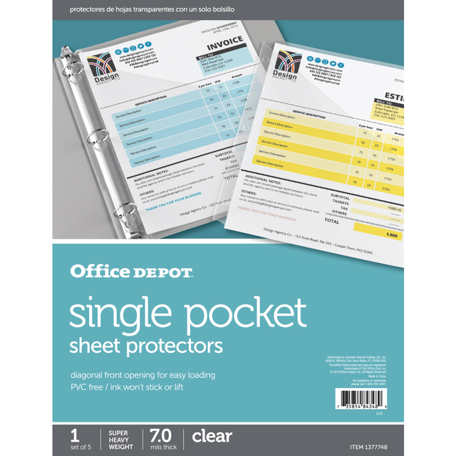 OFFICE DEPOT 1377748 Brand Single Pocket Sheet Protectors, 8-1/2in x 11in, Clear, Pack of 5 OFFICE DEPOT 1377748 Brand Single Pocket Sheet Protectors, 8-1/2in x 11in, Clear, Pack of 5