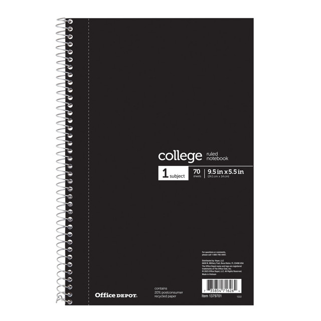 OFFICE DEPOT OD97625  Brand Notebook, 6in x 9 1/2in, 70 Sheets, College Ruled, Black