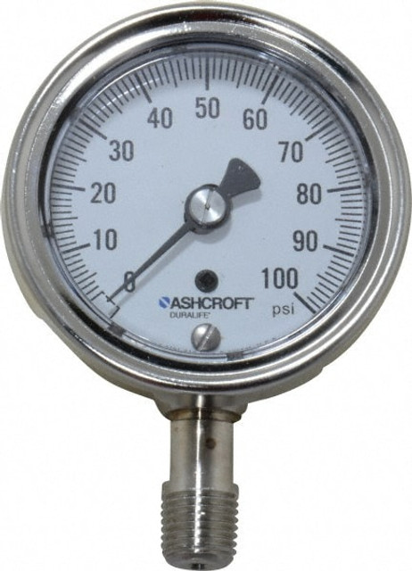 Ashcroft 94328 Pressure Gauge: 2-1/2" Dial, 0 to 100 psi, 1/4" Thread, NPT, Lower Mount