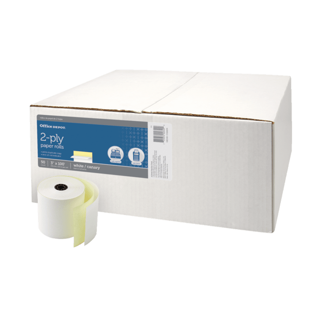 These carbonless rolls are ideal for most credit-card terminals and point-of-sale (POS) systems. Their 2-ply construction provides duplicate copies instantly.  Lint and dust free for improved printer performance.  Easy-release closure and end-of-roll signal stripe.  2-Ply White/Canary Carbonless.  Contains end of roll indicator.  Premium Carbonless produces crisp, clean images.