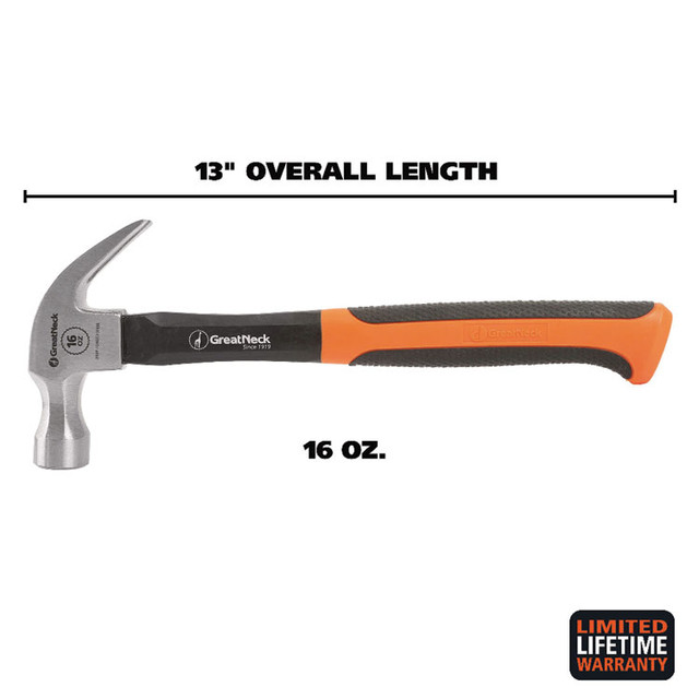 GREAT NECK SAW MFG. HG16C 16 oz Claw Hammer with High-Visibility Orange Fiberglass Handle