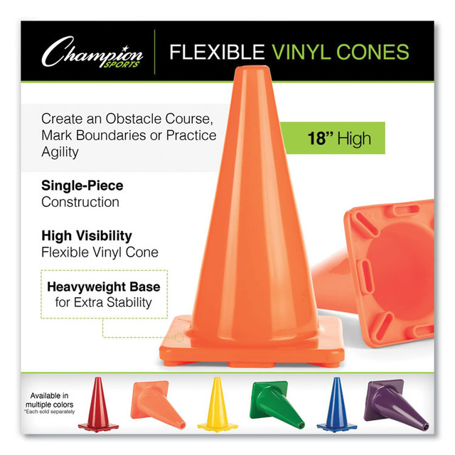 CHAMPION SPORT Sports C18OR Hi-Visibility Vinyl Cones, 18" Tall, Fluorescent Orange, 10.63" x 10.63" Base