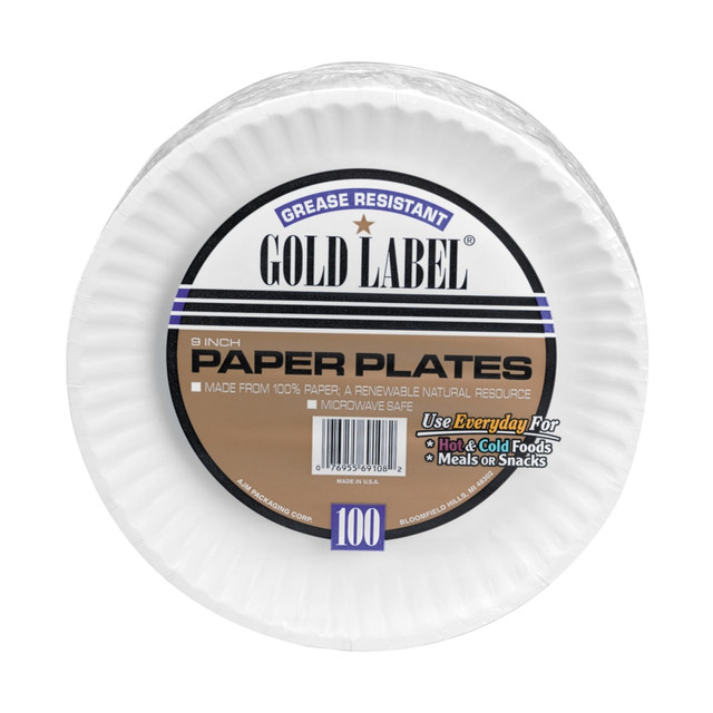 AJM PACKAGING CORPORATION CP9GOAWH AJM Premium Gold Label Coated Paper Plates, 9in Diameter, White, Pack Of 100