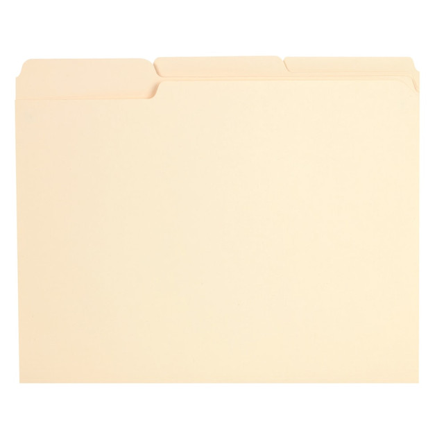 Take on office organization tasks with these Office Depot reinforced manila file folders. Sturdy reinforced top tabs can withstand frequent handling and reuse and offer ample space for printed and handwritten labels, letting you reuse them for multiple projects. Letter-size dimensions support standard documents for efficient archiving. With scored expansions and rounded corners, these Office Depot reinforced manila file folders provide generous space for multipage documents.  11-pt. stock construction supports daily use.  1/3-cut undercut tabs provide space for labels.  Scored expansions and rounded corners for large documents.  8.5in x 11in dimensions for letter-size filing.  Pack of 100 folders.  Eco-conscious choice - has one or more meaningful eco-attributes or eco-labels.  Greener choice - contains 10% postconsumer recycled content.