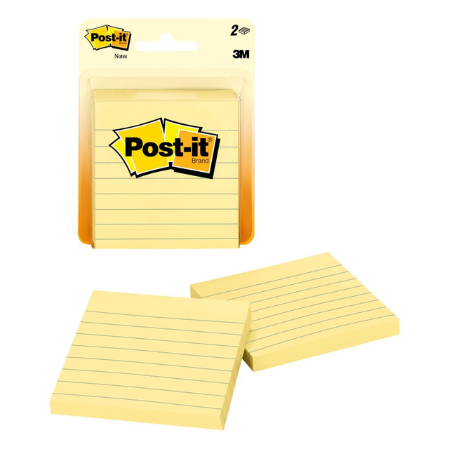 3M CO 630PK2 Post-it Notes, 3 in x 3 in, 2 Pads, 100 Sheets/Pad, Clean Removal, Canary Yellow, Lined