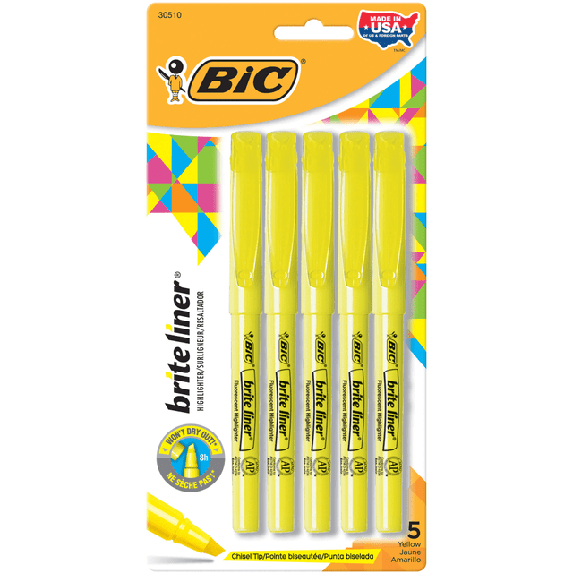 BIC CORP BLP51W-YLW BIC Brite Liner Highlighters, Chisel Point, Yellow, Pack Of 5 Highlighters BIC CORP BLP51W-YLW BIC Brite Liner Highlighters, Chisel Point, Yellow, Pack Of 5 Highlighters