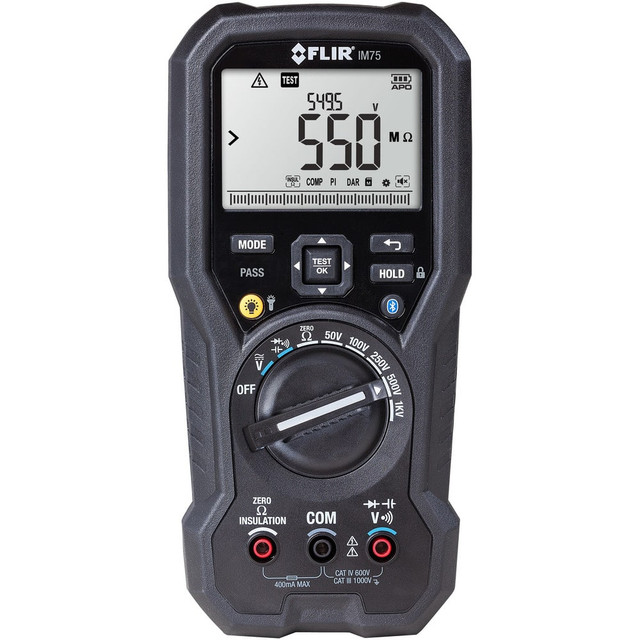 FLIR IM75-NIST Electrical Insulation Resistance Testers & Megohmmeters; Display Type: LED ; Power Supply: AAA Batteries ; Resistance Capacity (Megohm): 20000M ; Maximum Test Voltage: 1000V ; Overall Length: 2.00 ; Overall Height: 3.7in