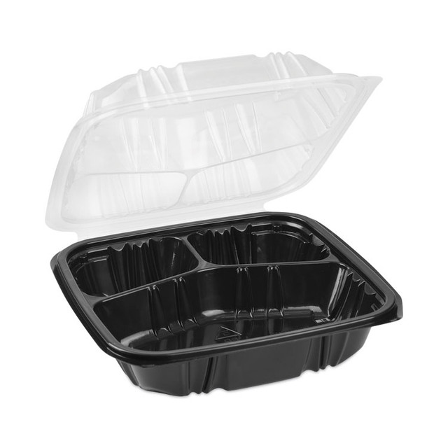 PACTIV EVERGREEN CORPORATION DC858330B000 EarthChoice Vented Dual Color Microwavable Hinged Lid Container, 33oz, 8.5x8.5x3, 3-Compartment, Black/Clear, Plastic, 150/CT