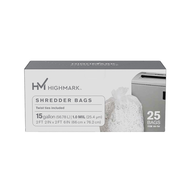 Cleaning up after shredding jobs is a breeze when you use Highmark shredder bags. These shredder bags are 1-mil thick and can hold up to 15 gallons, making them suitable for both home and office use.  Shredder bags are tough and durable for all of your home and office needs.  High-quality clear bags fit most shredders.  Shredder bags are available in clear and come in a box of 25.