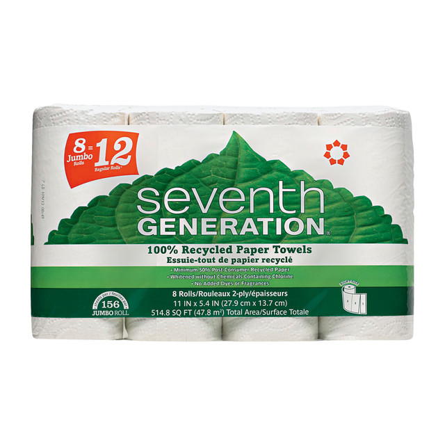 Seventh Generation SEV13739CT  100% Recycled Paper Towels - 2 Ply - 156 Sheets/Roll - White - Paper - Absorbent, Chlorine-free, Chemical-free, Dye-free, Fragrance-free - 156 - 32 / Carton