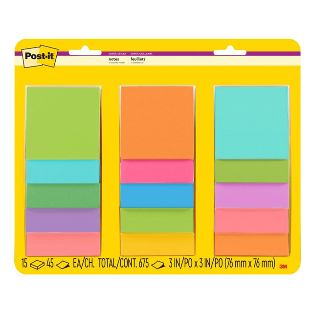 3M CO 65415SSMULTI Post-it Super Sticky Notes, 3 in x 3 in, 15 Pads, 45 Sheets/Pad, 2x the Sticking Power, Playful Primaries and Energy Boost Collections