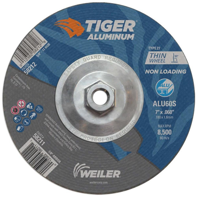 Weiler 58212 Cutoff Wheel: Type 27, 7" Dia, 0.06" Thick, 5/8" Hole, Aluminum Oxide