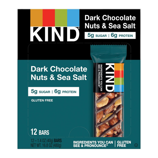 Kind Bars are made with tasty ingredients you can see and pronounce. Made from all-natural whole nuts and whole grains, Kind Bars have no secret ingredients and no artificial flavors. This delicious treat gives your body essential nutrients like fiber, protein and antioxidants. This simple blend includes Brazilian sea salt sprinkled over whole nuts and drizzled with dark chocolate. Bars are gluten-free, non-GMO and low-glycemic. They do not contain trans fats, sulfur dioxide or hydrogenated oils.  Delicious treat of dark chocolate, nuts and sea salt.  6 grams of protein; 5 grams of sugar.  Gluten-free; Non-GMO.  No artificial flavors.  Low glycemic index; low sodium.  Less harsh chemicals - made with fewer harsh chemicals, or safer chemicals than typical alternatives, helping  reduce your use of and exposure to substances that may be more harmful to your health and the environment.