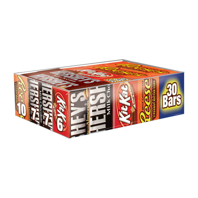 This variety pack features KIT KAT Wafer Bars, REESEs Peanut Butter Cups, HERSHEYs Milk Chocolate Bars, and HERSHEYs Milk Chocolate with Almonds Bars. Keep this assortment close for snacking, sharing, and gifting.  Full-size variety pack is sure to include everyones favorites. Contains 30 full-size bars, including an assortment of Kit Kat Wafer Bars, Reeses Peanut Butter Cups, Hersheys Milk Chocolate Bars and Hersheys Milk Chocolate Bars With Almonds.  Toss one into your bag to enjoy while on the go, or put them in the breakroom to share with colleagues.