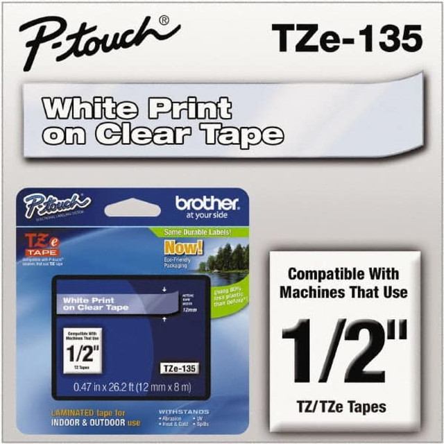 Brother TZE135 Tape Cassette: 1/2" x 26', Paper & Plastic, Clear
