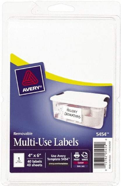 AVERY 05454 Label Maker Label: White, Paper, 6" OAL, 6" OAW, 40 per Roll