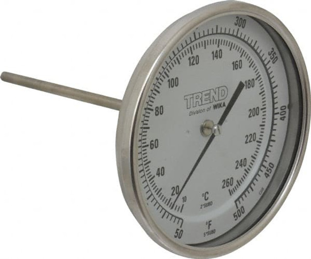 Wika 50060A010G4 Bimetal Dial Thermometer: 50 to 500 ° F, 6" Stem Length