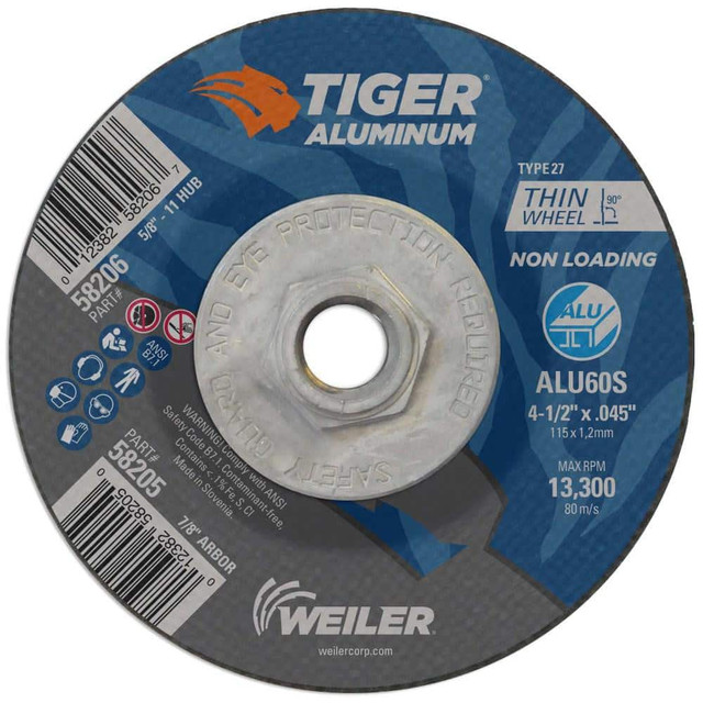 Weiler 58206 Cutoff Wheel: Type 27, 4-1/2" Dia, 0.045" Thick, 5/8" Hole, Aluminum Oxide