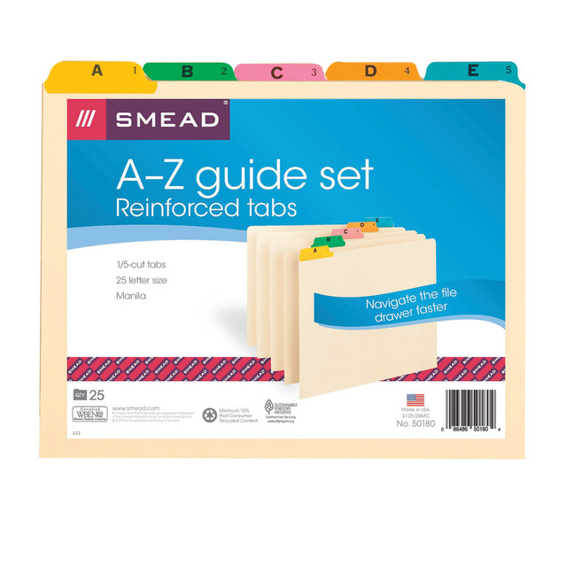 SMEAD MFG CO S125-25MC Smead Manila A To Z File Guides With Color Tabs, Letter Size, Manila, Pack Of 25