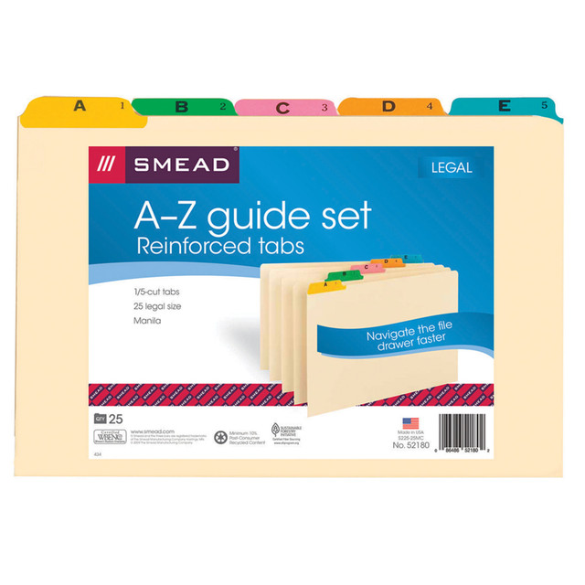SMEAD MFG CO Smead S225-25MC  Legal-Size Manila File Guides, Alphabetical, Assorted Color Tabs, Pack Of 25