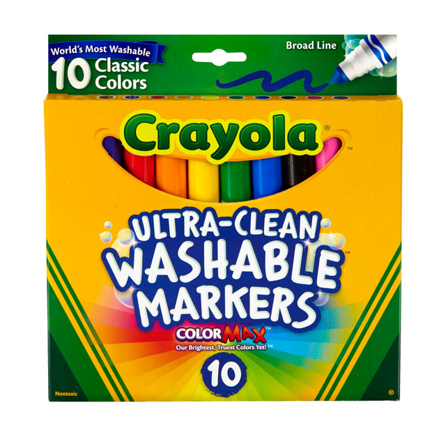 CRAYOLA LLC 58-7851 Crayola Ultra-Clean Washable Markers, Broad Tip, Assorted Classic Colors, Box Of 10 CRAYOLA LLC 58-7851 Crayola Ultra-Clean Washable Markers, Broad Tip, Assorted Classic Colors, Box Of 10
