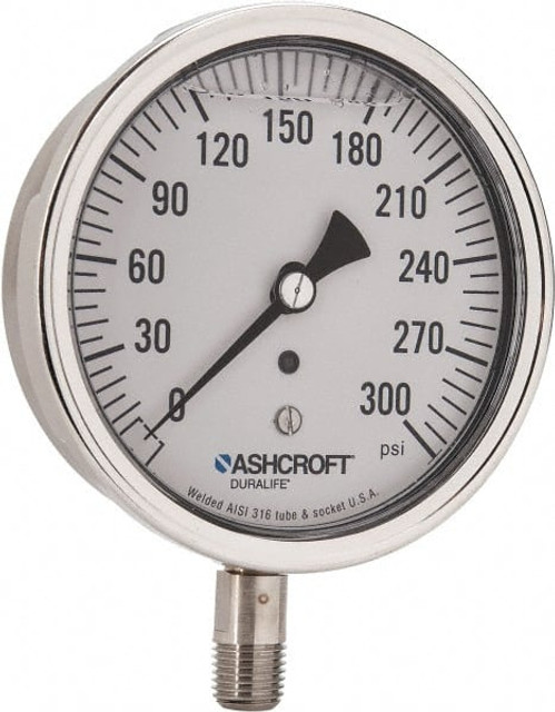 Ashcroft 94489 Pressure Gauge: 3-1/2" Dial, 0 to 300 psi, 1/4" Thread, NPT, Lower Mount