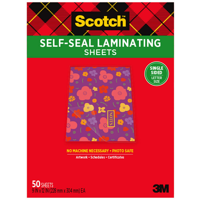 3M CO Scotch LS854SS-50  Self-Seal Laminating Sheets, 8-1/2in x 11in, Single Sided, Letter Size, Clear, 50 Sheets, LS854SS-50