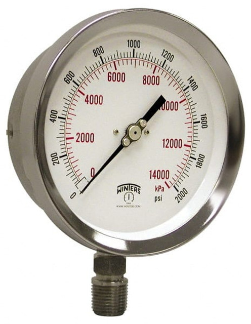 Winters PSC258G. Pressure Gauge: 4" Dial, 0 to 60 psi, 1/4" Thread, NPT, Lower Mount